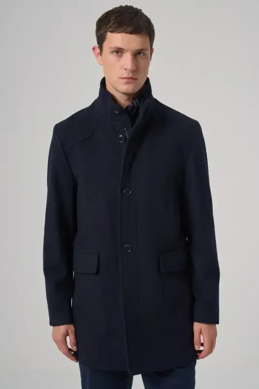 Modazone Men's Navy Wool Dynamic Fit Borgio Detachable Collar Coat - 1