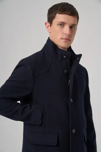 Modazone Men's Navy Wool Dynamic Fit Borgio Detachable Collar Coat - 4