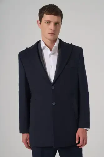 Modazone Men's Navy Wool Plain Dynamic Fit Pointed Collar Coat 