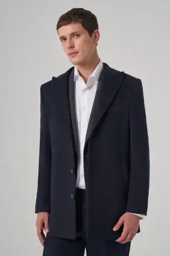 Modazone Men's Navy Wool Plain Dynamic Fit Pointed Collar Coat - 2