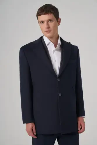 Modazone Men's Navy Wool Plain Dynamic Fit Pointed Collar Coat - 3