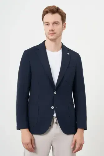 Modazone Men's Navy Woven Slim Fit Bag Pocket Mono Collar Sports Jacket - 1