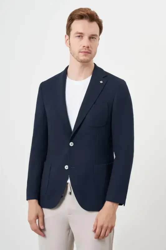 Modazone Men's Navy Woven Slim Fit Bag Pocket Mono Collar Sports Jacket - 2