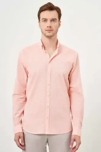 Modazone Men's Orange Linen Plain Pattern Button-Down Collar Slim Fit Shirt 