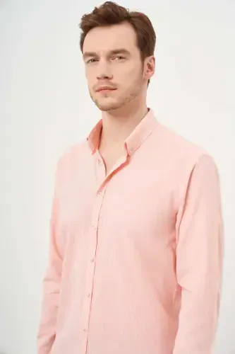 Modazone Men's Orange Linen Plain Pattern Button-Down Collar Slim Fit Shirt - 3