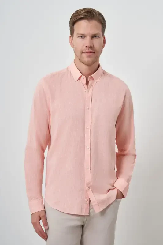 Modazone Men's Orange Linen Trend Dynamic Fit Button-Down Collar Shirt - MORVEN