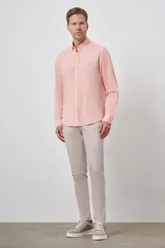 Modazone Men's Orange Linen Trend Dynamic Fit Button-Down Collar Shirt - 2