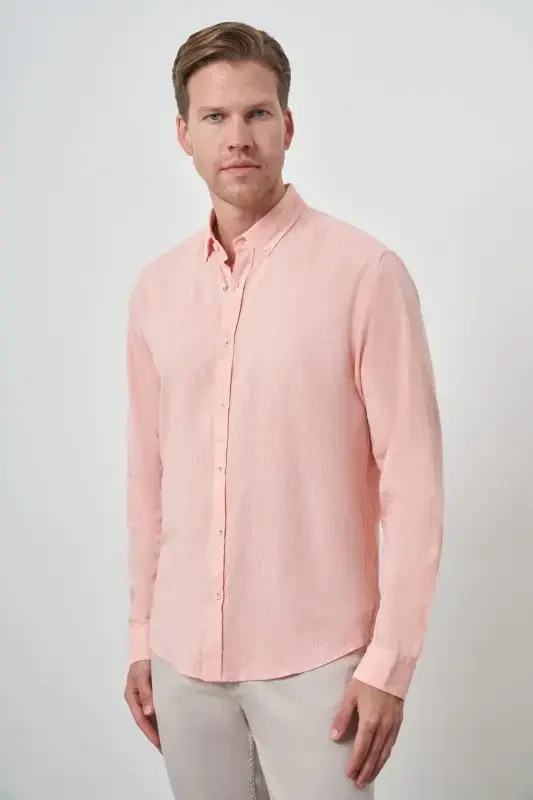 Modazone Men's Orange Linen Trend Dynamic Fit Button-Down Collar Shirt - 3