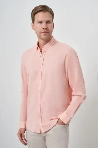 Modazone Men's Orange Linen Trend Dynamic Fit Button-Down Collar Shirt - 4