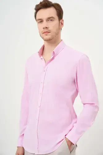 Modazone Men's Pink Linen Plain Pattern Button-Down Collar Slim Fit Shirt - 2