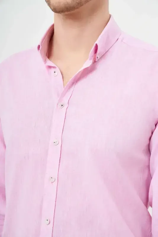 Modazone Men's Pink Linen Plain Pattern Button-Down Collar Slim Fit Shirt - 3