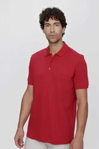 Modazone Men's Red Basic Plain 100% Cotton Oversized Loose Fit Short Sleeve Polo Neck T-Shirt - MORVEN (1)