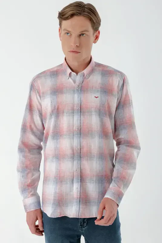 Modazone Men's Red Linen Checkered Regular Fit Shirt - MORVEN