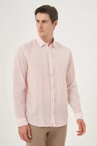 Modazone Men's Red Linen Trend Dynamic Fit Britli Collar Shirt - 2