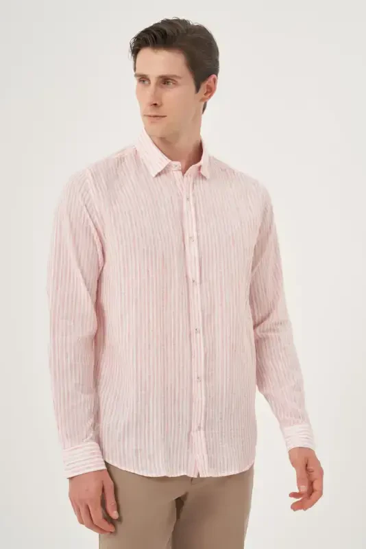 Modazone Men's Red Linen Trend Dynamic Fit Britli Collar Shirt - 2