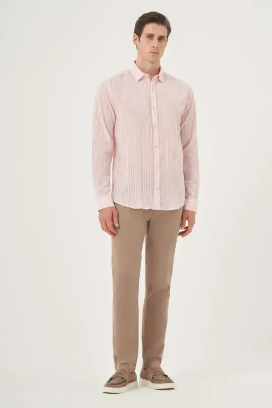 Modazone Men's Red Linen Trend Dynamic Fit Britli Collar Shirt - 4