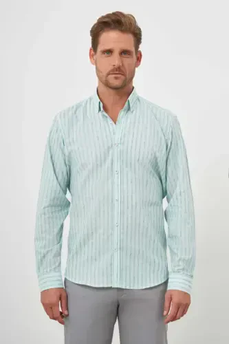 Modazone Men's Sea Green Cotton Striped-Panel Italian Collar Regular Fit Shirt - 1
