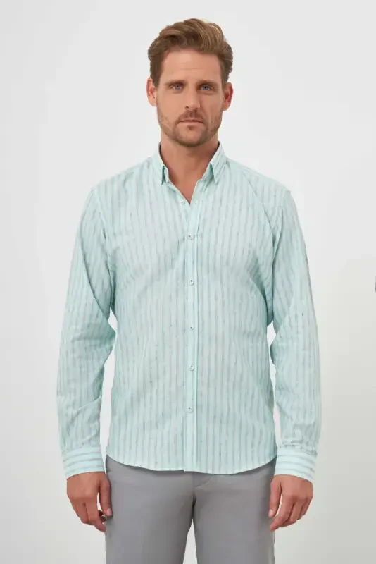 Modazone Men's Sea Green Cotton Striped-Panel Italian Collar Regular Fit Shirt - MORVEN