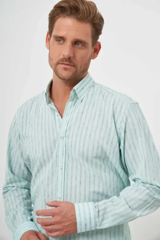 Modazone Men's Sea Green Cotton Striped-Panel Italian Collar Regular Fit Shirt - 3