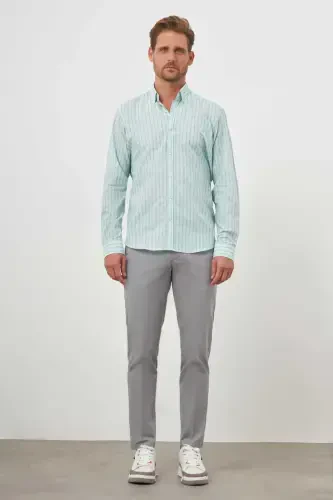 Modazone Men's Sea Green Cotton Striped-Panel Italian Collar Regular Fit Shirt - 4