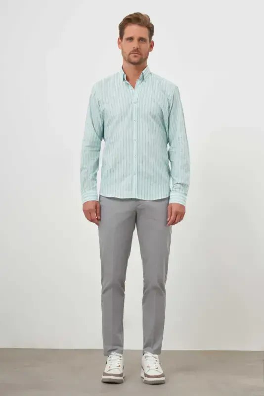 Modazone Men's Sea Green Cotton Striped-Panel Italian Collar Regular Fit Shirt - 4