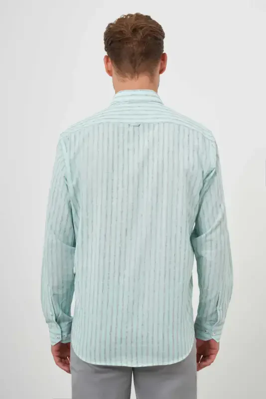 Modazone Men's Sea Green Cotton Striped-Panel Italian Collar Regular Fit Shirt - 5