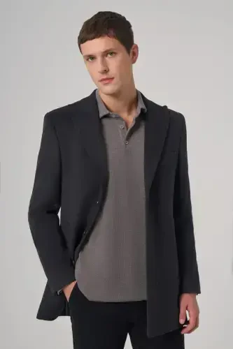 Modazone Men's Smokey Gray Wool Plain Dynamic Fit Pointed Collar Coat - 2