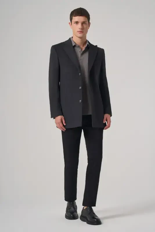 Modazone Men's Smokey Gray Wool Plain Dynamic Fit Pointed Collar Coat - 4