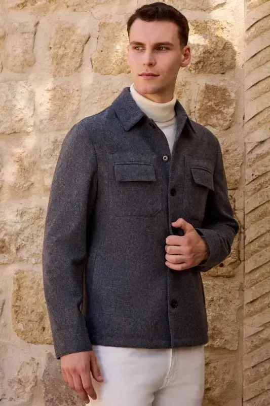 Modazone Men's Smoky Gray Wool Berber Collar Double Flap Pocket Shirt Jacket - 1