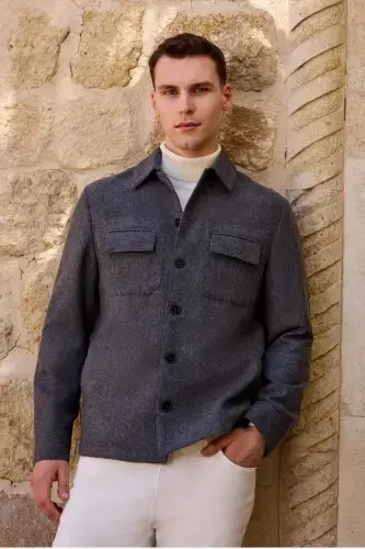 Modazone Men's Smoky Gray Wool Berber Collar Double Flap Pocket Shirt Jacket - 2