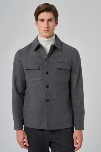 Modazone Men's Smoky Gray Wool Berber Collar Double Flap Pocket Shirt Jacket - 4