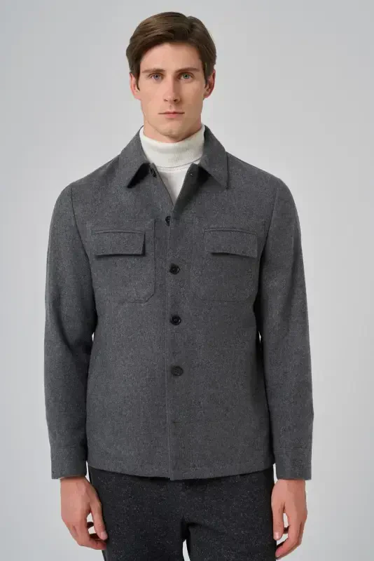 Modazone Men's Smoky Gray Wool Berber Collar Double Flap Pocket Shirt Jacket - 4