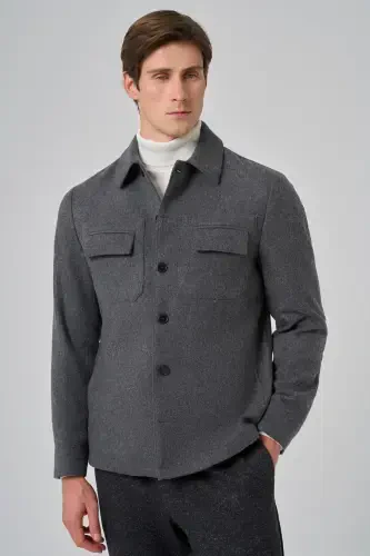 Modazone Men's Smoky Gray Wool Berber Collar Double Flap Pocket Shirt Jacket - 5