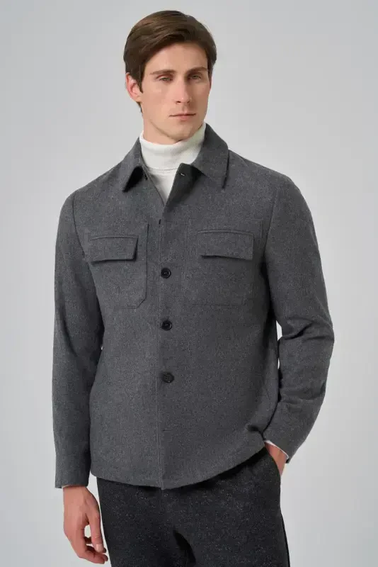 Modazone Men's Smoky Gray Wool Berber Collar Double Flap Pocket Shirt Jacket - 5