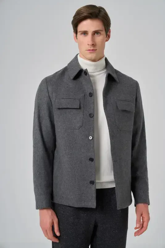 Modazone Men's Smoky Gray Wool Berber Collar Double Flap Pocket Shirt Jacket - 6