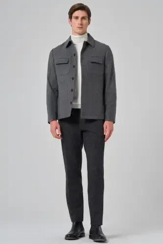 Modazone Men's Smoky Gray Wool Berber Collar Double Flap Pocket Shirt Jacket - 7