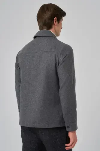 Modazone Men's Smoky Gray Wool Berber Collar Double Flap Pocket Shirt Jacket - 8