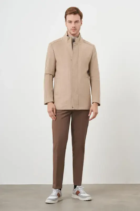 Modazone Men's Stone Snap-Fastened Mandarin Collar Wool Coat - 4