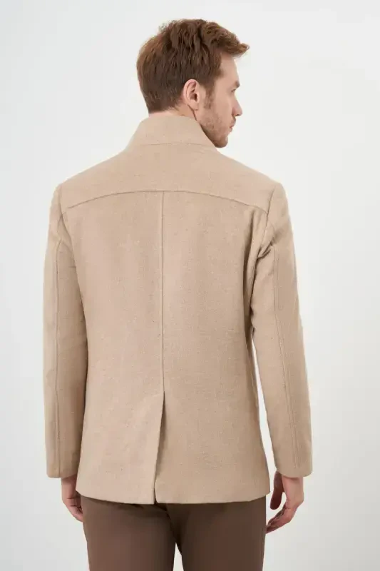 Modazone Men's Stone Snap-Fastened Mandarin Collar Wool Coat - 5