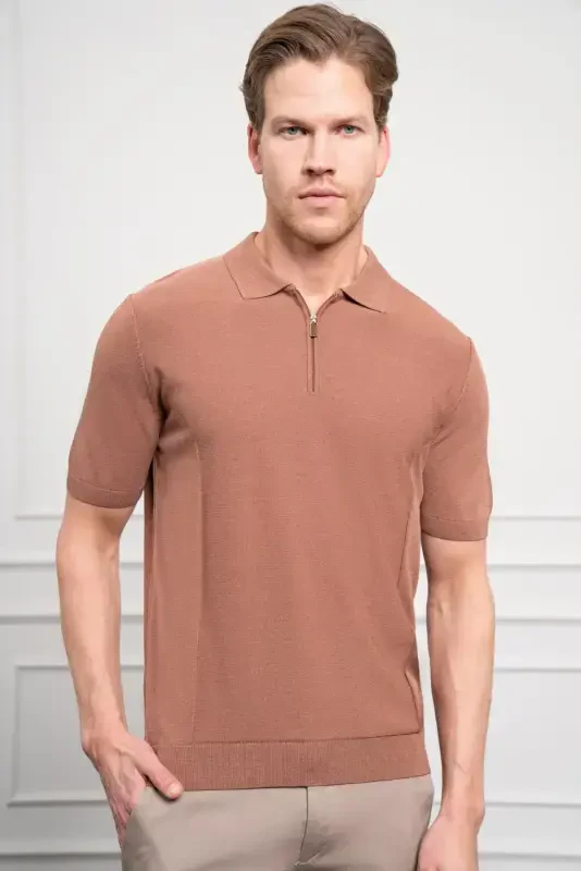 Modazone Men's Tan Trendy Polo Collar Dynamic Fit Relaxed Fit T-Shirt - 5
