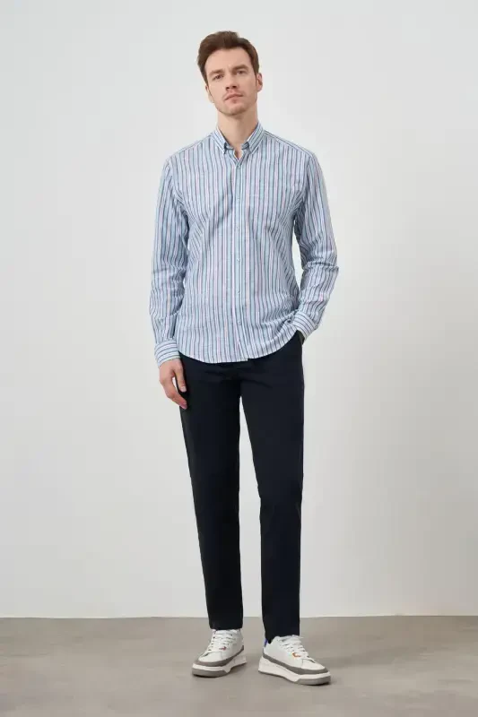 Modazone Men's Turquoise Linen Panel Button-Down Collar Regular Fit Shirt - 1