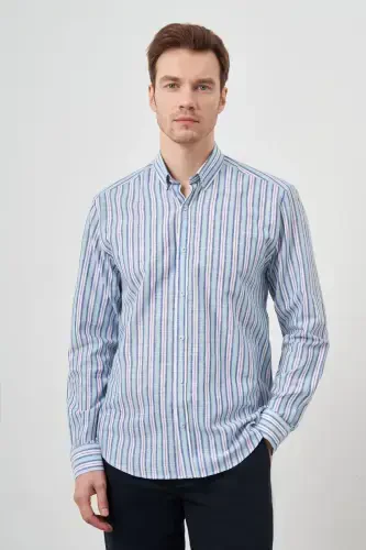 Modazone Men's Turquoise Linen Panel Button-Down Collar Regular Fit Shirt - 2