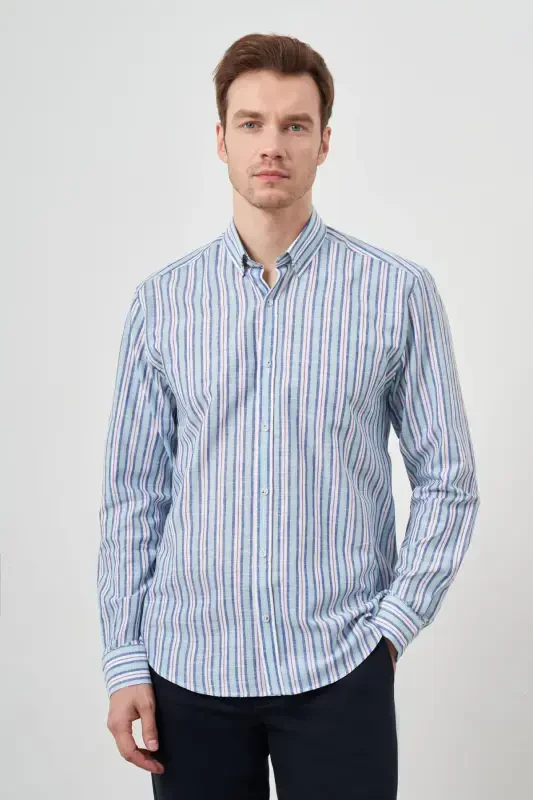 Modazone Men's Turquoise Linen Panel Button-Down Collar Regular Fit Shirt - 2