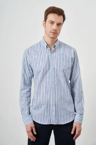 Modazone Men's Turquoise Linen Panel Button-Down Collar Regular Fit Shirt - 3