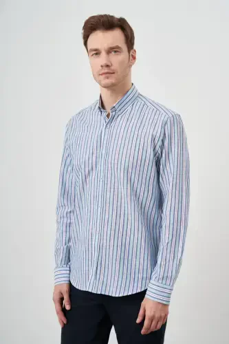 Modazone Men's Turquoise Linen Panel Button-Down Collar Regular Fit Shirt - 4