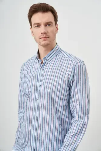 Modazone Men's Turquoise Linen Panel Button-Down Collar Regular Fit Shirt - 5