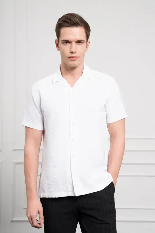 Modazone Men's White Apache Collar Short Sleeve Shirt - 1