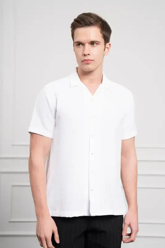 Modazone Men's White Apache Collar Short Sleeve Shirt - 3