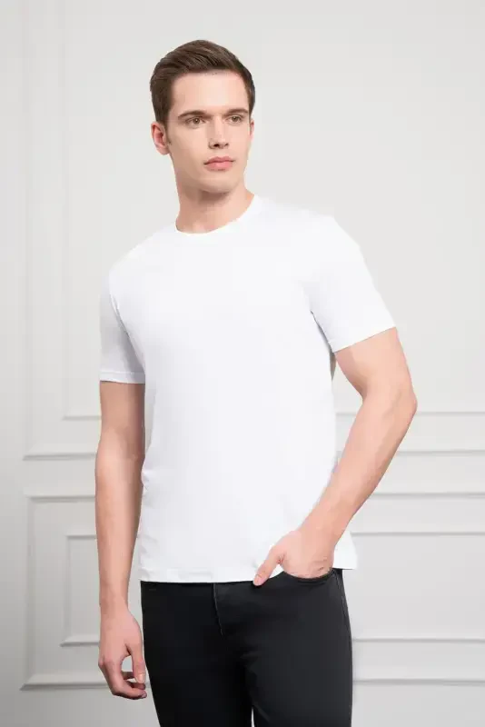 Modazone Men's White Basic Crew Neck Dynamic Fit Cotton T-Shirt - 4