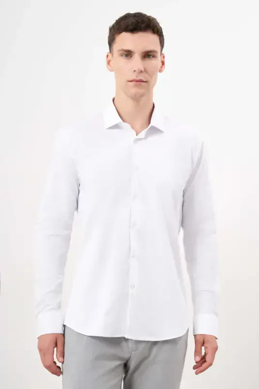 Modazone Men's White Basic Plain Pattern Italian Collar Slim Fit Shirt - 1